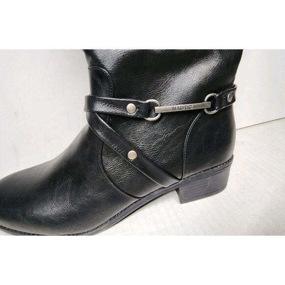 NAUTICA WOMEN'S Riding Boots 8.5 LEATHER SIDE ZIP BLACK & Brown Top Metal Logo - Picture 3 of 12